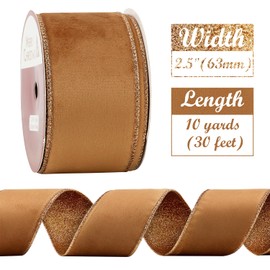 HUIHUANG Velvet Wired Ribbon 4 inch Copper Christmas Tree Ribbon Double-Sided Glitter Copper Wire Ribbon for Christmas Tree, Wreaths, Tree Top Bows, Garland, Home Decor-10 Yards