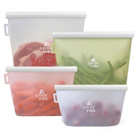 LIVINVIBE Reusable Silicone Food Storage Bags – Set of 4 Multicolor (500ml/17oz, 1000ml/34oz, 1500ml/51oz, 2000ml/68oz) – Leakproof, Freezer, Microwave, Oven & Dishwasher Safe, BPA-Free