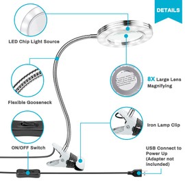 LED Lupenleuchte, Upkey 8-Fach Lupenlampe mit Klemme, LED Vergrößerungslampe Schreibtischlampe, Verstellbare Schwenkarmlampe für Tischhandwerk oder Werkbank