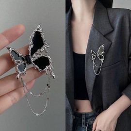 Zeshimb Black Crystal Butterfly Brooch Pin Silver Tassel Gemstone Butterfly Lapel Pin Layered Hanging Chain Butterfly Collar Safe Pin Wedding Bouquet Corsage Brooch Jewelry for Women