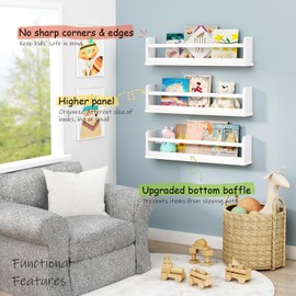 Harwaya 24 Inch White Wall Bookshelf for Kids Room, Floating Nursery Book Shelves Wall Mounted with Lip and Hanging Rod for Baby Girl Boy Bedroom, Large Corner Hanging Children Bookshelves -Set of 3