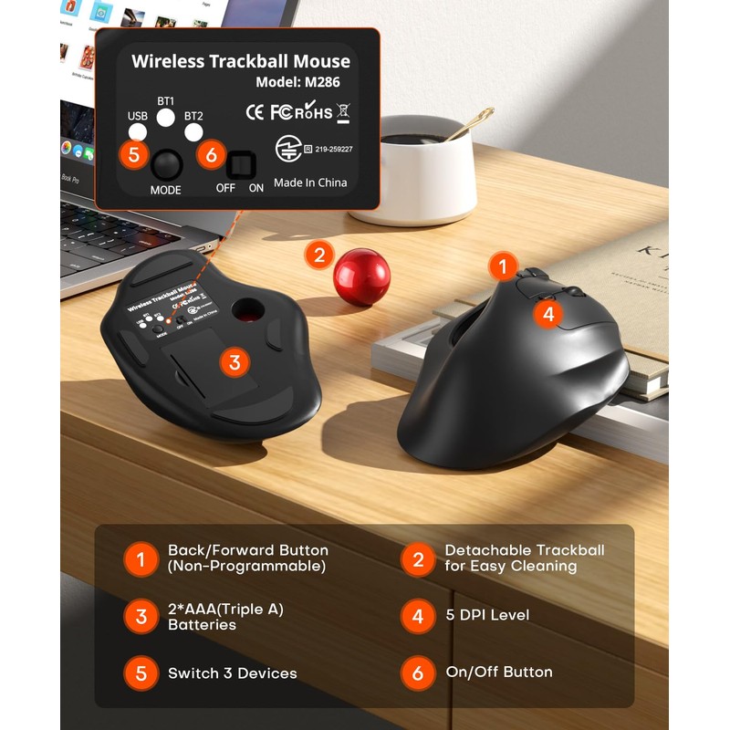 Omikamo Ergonomic Wireless Trackball Mouse, Bluetooth & 2.4G, Red