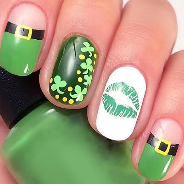 Green Press on Nails Short Square Fake Nails RIICFDD Shamrock