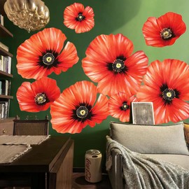 Runtoo Large Flower Wall Art Decals 3D Boho Fabric Red Poppy Floral Wall Mural Stickers for Girls Bedroom Living Room Office Wall Backdrop Decor