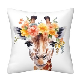DILOXNSU Giraffe Gifts Cushion Cover Cute Giraffe with Floral Wreath Flowers Bouquet Pillow Cover 45 x 45 cm Home Decorations Cushions for Livingroom Couch Sofa Decor Throw Pillow Case 18"x18"