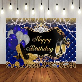 Lofaris Gold and Royal Blue Birthday Backdrop for Women Happy Birthday Party Background High Heels Blue and Sliver Balloons Pearl Leopard Decorations for Any Age Adults Women Party Supplies 7x5ft