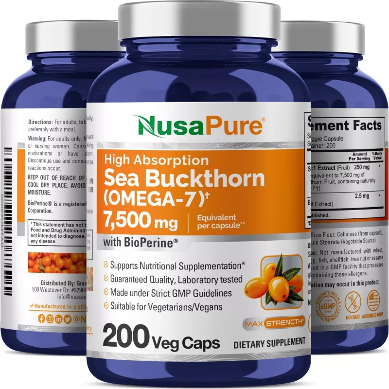 NusaPure Sea Buckthorn (Omega 7) 7500mg 200 Veggie Powder Caps