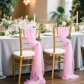 FUHSY Chair Sashes Bows 16 PCS Wedding Chiffon Sashes for Chairs Covers with Artificial Eucalyptus Flowers Sheer Draping Fabric Aisle Decorations Pink Chair Bows for Reception Party Ceremony Decor