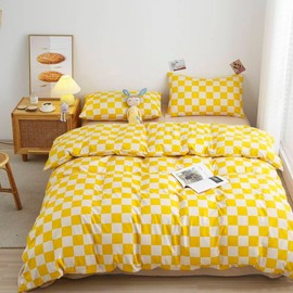 Lunoroey Duvet Cover Set Yellow Single Size Light Grey and White Checked Geometric Quilt Lightweight and Soft Microfibre Quilt for All Seasons