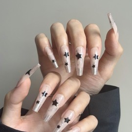 NNIPRAIYE Press on Nails Medium Length Acrylic Fake Nails Coffin Press ons Artificial Full Cover False Nails Natural Presson on Nail Square Stick on Nails for Women 24 Pcs