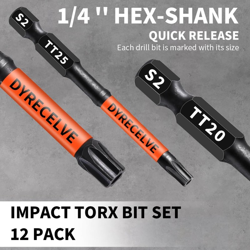 12-Pack Impact Security Torx Bit Set (T5-T40) 3-Inch Long, S2