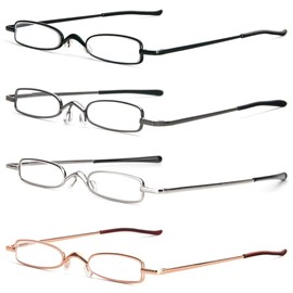 MMOWW Small Reading Glasses Men Women 4 Pairs Slim Pocket Readers with Pen Clip Metal Case Spring Hinge +1.5