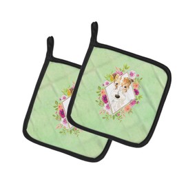 Caroline's Treasures CK4359PTHD Fox Terrier Green Flowers Pair of Pot Holders Kitchen Heat Resistant Pot Holders Sets Oven Hot Pads for Cooking Baking BBQ, 7 1/2 x 7 1/2