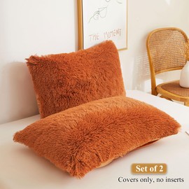 XeGe 2 Pack Fluffy Faux Fur Pillowcases, Soft Plush Shaggy Autumn Standard Size Pillow Cases, Fuzzy Furry Decorative Long Pillow Covers for Bed Couch Sofa with Zipper Closure, 50x75cm, Burnt Orange