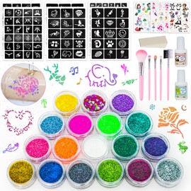 Gigmeta Glitter Tattoo Set, 18 Colours, Temporary Glitter Tattoo with 222 Stencils, 5 Brushes, 3 Cartoon Stickers, 2 Glue and 1 Sponge