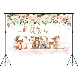 Aperturee It's a Girl Woodland Animals Baby Shower Backdrop 5x3ft Jungle Animals Watercolor Pink Floral Flower Photography Background Newborn Party Decorations Photo Booth Studio Props Banner Supplies