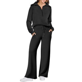 ANRABESS Women 2 Piece Outfits 2025 Fall Fashion Airport Wide Leg Pants Lounge Set Leisure Travel Vacation Clothes Sweatsuits Black Medium