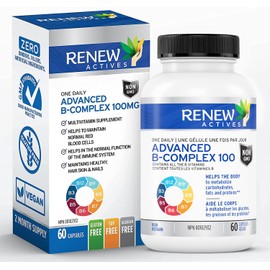 NEW! Renew Actives Vitamin B Complex 100 – Advanced B Complex Dietary Supplement for Men and Women – Contains ALL the B-Vitamins: B1, B2, B3, B5, B6, Biotin, B12 – 60 Veggie Capsules. NON-GMO. No Fillers, Binders or Preservatives. Easy to Swallow Capsules - Made in Canada!