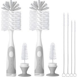CAREBABYMORE 2 Pack Baby Bottle Brush with 4 Pack Straw Brushes, 10.2" Nylon Brushe with Nipple Cleaner and Stand Suction Cup (Gray)