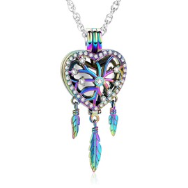 QGJNSGC Heart Shaped Urn Necklace for Ashes Dream Catcher Cremation Jewelry for Ashes for Women Men Stainless Steel Angel Wing Keepsake Memorial Urn Jewelry, Stainless Steel, Cubic Zirconia