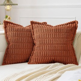 MIULEE Fall Rust Corduroy Decorative Throw Pillow Covers Pack of 2 Soft Striped Pillows Pillowcases with Broad Edge Modern Boho Home Decor for Couch Sofa Bed 18x18 Inch