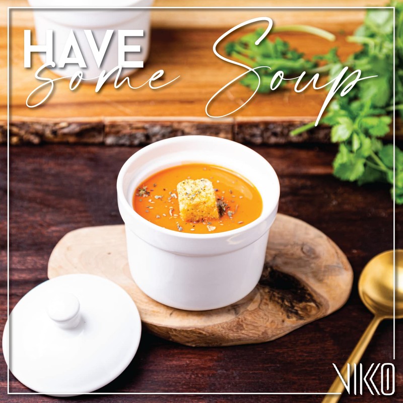 Vikko Soup Crocks With Lids, 10 Ounce Modern White Soup