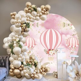 TTQYFNM 7.5x7.5ft Pink Hot Air Balloons Round Backdrop Up Up and Away Adventure Circle Photography Background Floral Stars Round Backdrop Stand Cover for Girls Baby Shower Birthday Party Decor Banner