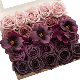 Ling's Moment Artificial Flowers Fake Roses Faux Hydrangea Foam Tulip Combo for DIY Wedding Bouquets Centerpieces Arrangements Bridal Shower Party Home Decorations, Plum & Plum Lily, 27pcs