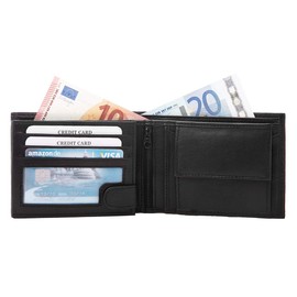 Fa.Volmer ® Men's Genuine Leather Wallet in Landscape Format I Large Coin Compartment 8 Card Slots 1 Zip Security Compartment I Black I Phoenix 1, black, Classic