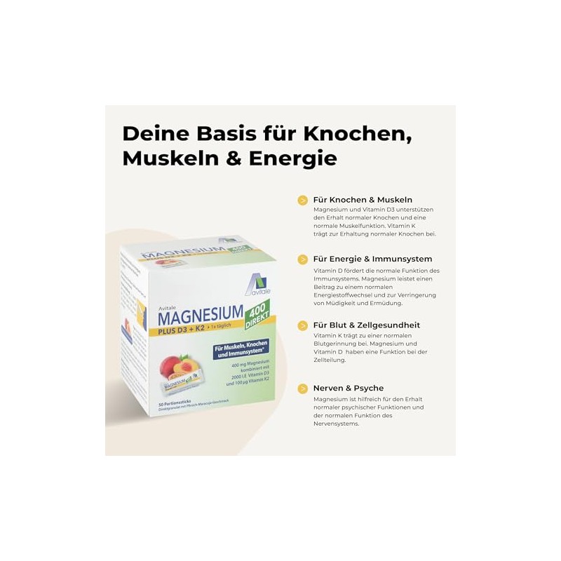 Magnesium 400 + D3 + K2 directly with delicious peach-passion