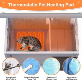 PETIMBER Heated Cat House for Outside - Insulated Cat House Outdoor with Liner, Heated Pad, Escape Door, Winter Weatherproof Feral Cat Shelter, 2-Room Wooden Cat Home for Multiple Cats, Grey