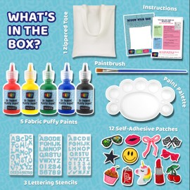 KEFF Decorate Your Own Tote Bag Kit - Crafts for Kids Ages 8-12 with Tote Bag, 12 Embroidered Patches, 5 Colors Fabric Paint (Puff Paint), Paint Brush, Palette, 3-Style Letter Stencils & Instructions