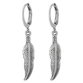 Mens Womens Stainless Steel Huggie Hinged Hoop Earrings with Dangling Vintage Feather Leaf(CA)