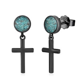 QHQPQ Black Cross Stud Earrings 925 Sterling Silver Turquoise Religious Cross Dangle Drop Earrings Christian Jewellery Faith Easter Gifts for Women Men