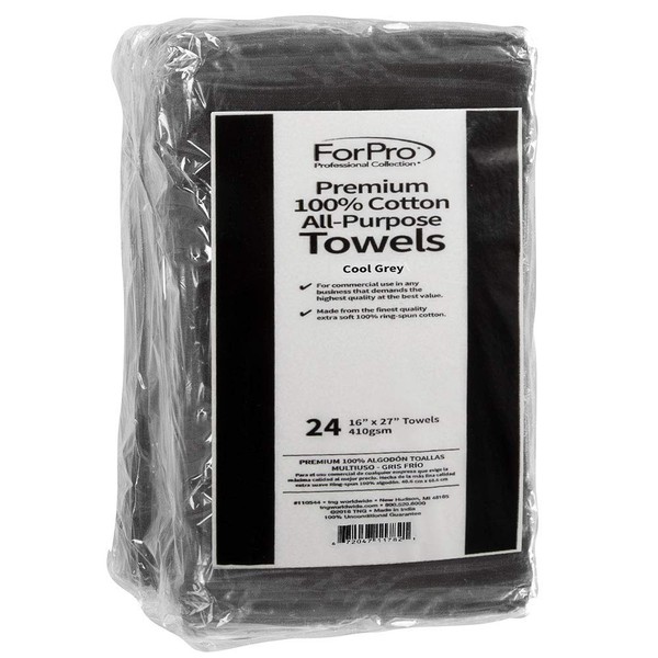 ForPro Premium 100% Cotton All-Purpose Towels, Cool Grey, Extra Soft Multi-Purpose Salon, Spa, Hotel, and Gym Towel, 16” W x 27” L, 24-Count