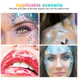 URAQT Body Glitter Gel, Holographic Mermaid Sequins, Chunky Cosmetic Face and Sparkling Festival Party Lotion for Eyes, Hair, Nails, Makeup, DIY Art, White and Silver Pink, 3
