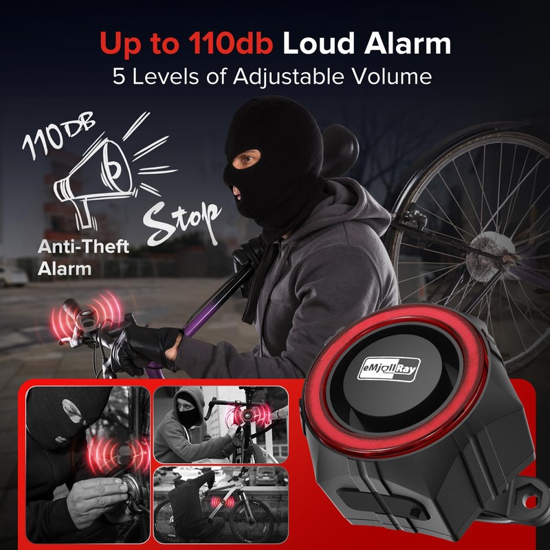 eMjollRay Bike Alarm,110dB Loud Waterproof Wireless E-Bike Alarm with Remote,Anti