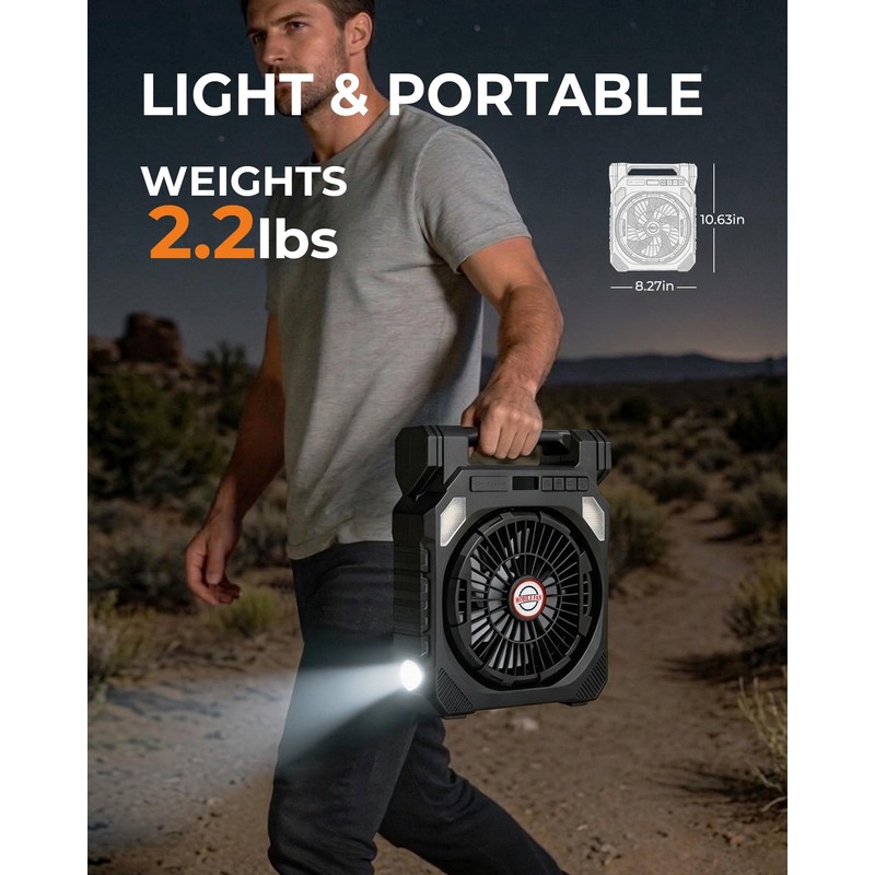 22000mAh Camping Solar Fan, 10" Dual-Panel Rechargeable Solar Powered Fan