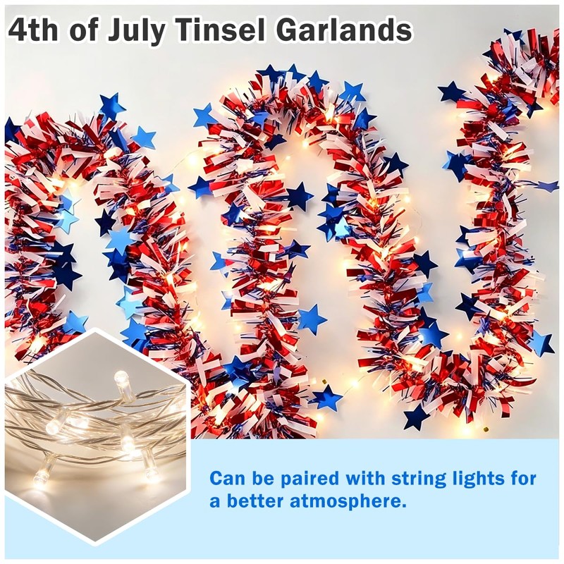Garland Patriotic Decor Red White Blue Metallic Tinsel with Stars