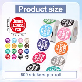 2 Rolls of 1000 Jesus Loves You Stickers, 3.8 cm, 16 Colours, Waterproof, Christian Stickers, Religious Stickers, Jesus Loves You Decals, Encouragement, Rewarding Decor and Gift