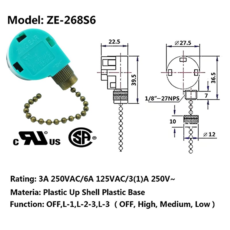 Ceiling Fan Switch 3 Speed 4 Wire Zing Ear ZE-268S6