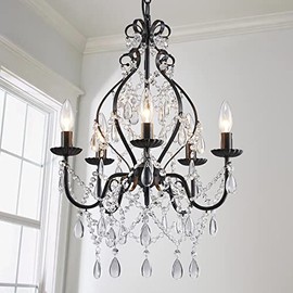Saint Mossi 5-Lights Crystal Chandelier with Plug, Farmhouse Pendant Light Fixtures, H24 x D17,Chain Adjustable Max 59", Black Finish