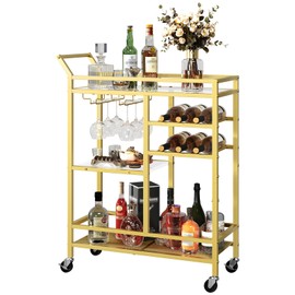MAHANCRIS Bar Cart for Home, 3-Tier Serving Cart with Glass Top, Beverage Cart with Wine Rack and Glass Holder, Drink Cart with Wheels, for Dining Room, Living Room, Gold and White RCJM71B01