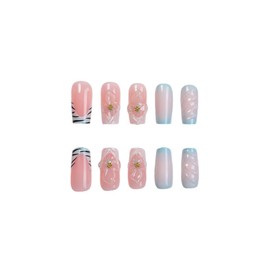 SINHOT Square Press on Nails Medium - 3D Blue Flower Fake Nails Glossy Glue on Nails Black Stripes Nails French Tip Squoval Artificial Nails Stick on False Nails with Design 24pcs
