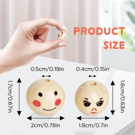 60PCS Wooden Beads with String,Natural Wood Beads Loose Beads with Face,2 Styles Wooden Smiley Beads Set for Chiristmas Tree Wreath DIY Key Chain Angel Craft Jewelry Making(30pcs 20mm 30pcs 18mm)