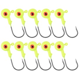 Alwonder 10 Pack Round Fishing Jig, Bass Ball Jigs 3D Eyes High Carbon Steel Jig Hooks Bass Lures Jig Heads Freshwater Saltwater Surf Fishing Jigs for Walleye Striper Pompano, Yellow-1/4oz
