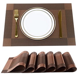 FGSAEOR Placemats,Table Place Mats for Kitchen Dining, Heat-Resistant StainAnti-Skid Washable PVC Table Mats, Easy to Cleaning Woven Vinyl Dinner Mats (Brown, 6 Pack)