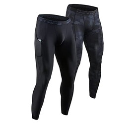 DEVOPS 2 Pack Men's Compression Pants Athletic Leggings with Pocket (Large, Black/Camo Black)