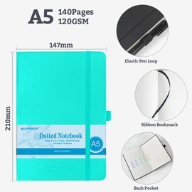 Bullet Dotted Hardcover Journal Notebook, A5 140 Pages 120Gsm Thick Paper for School,Note Taking,Work,Diary，5.7''*8.3'',Turquoise
