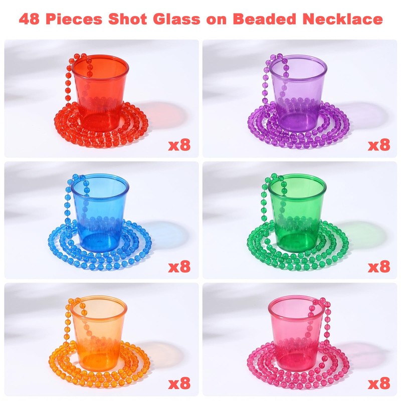 48 Pack Plastic Shot Glass Necklaces Party Favors 6 Colors,2Oz